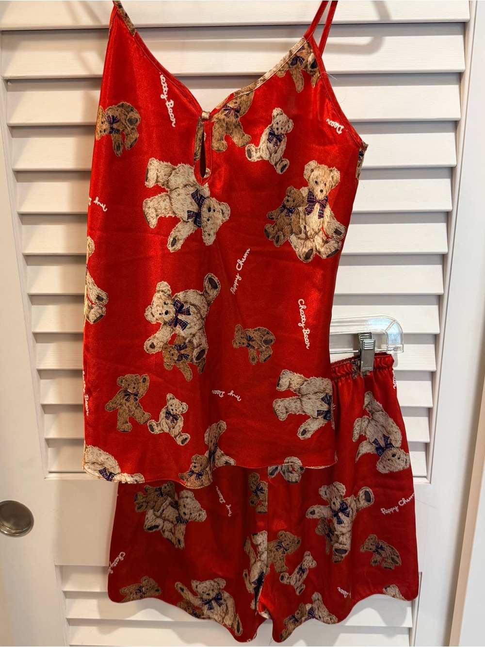 Prestige Lingerie Teddy Bear Satin Pajama Set – Red Cami & Shorts Y2K Sleepwear